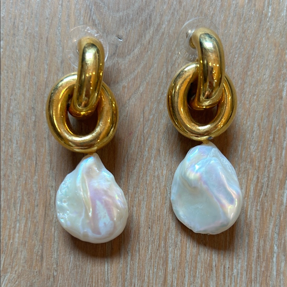 Gold Hoop Drop Earrings with Iridescent Baroque Pearl